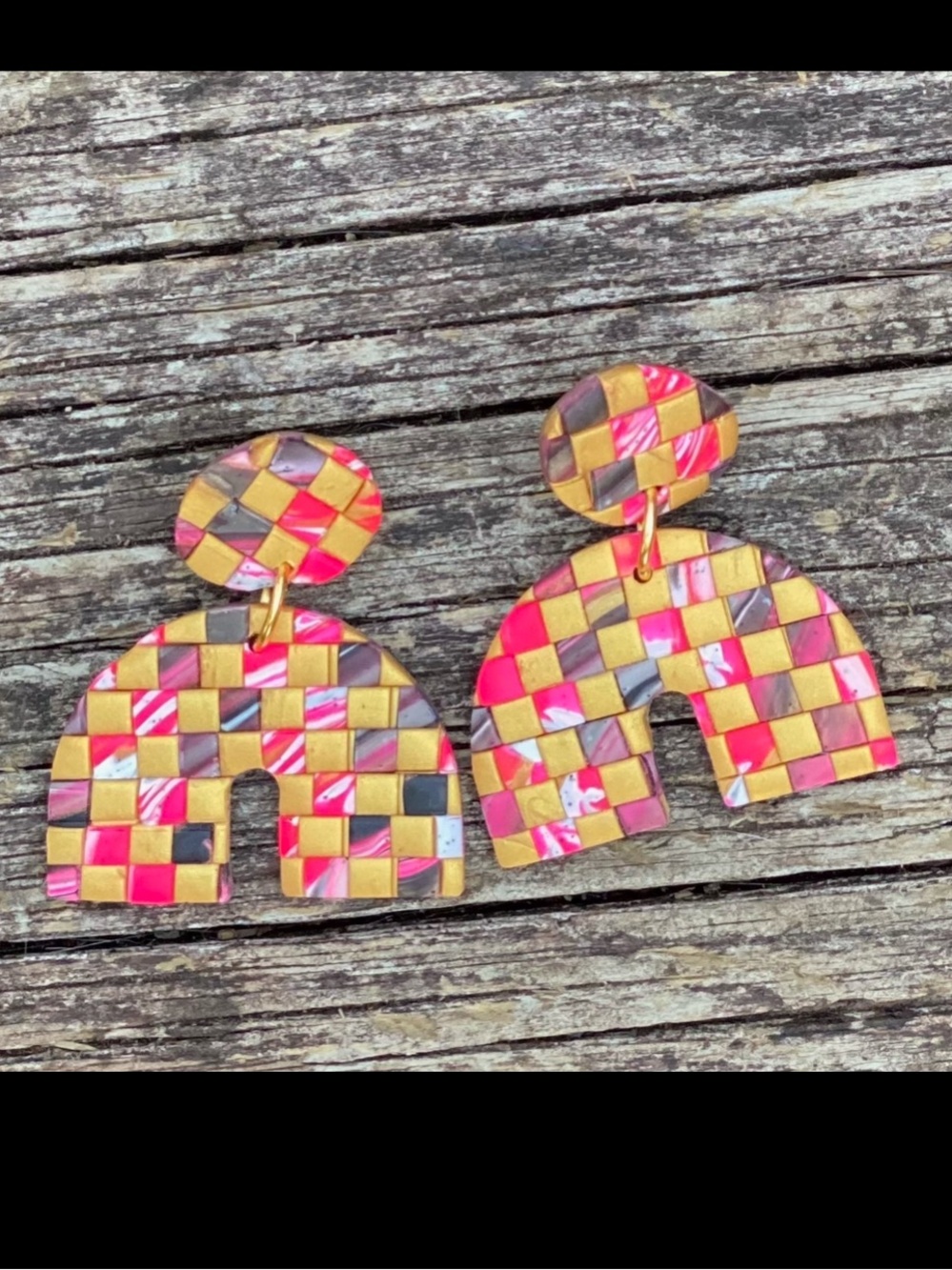 Vibrant Pink, Gold & Brown Mosaic Arch Drop Earrings